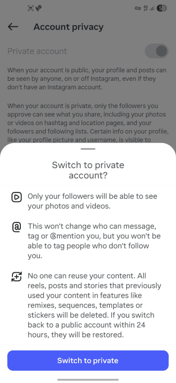 Switching to a private account.