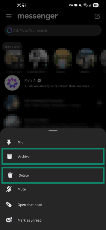 Deleting a Meta AI Messenger chat.