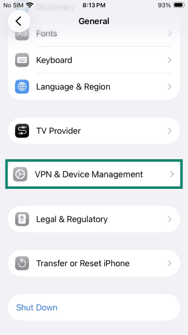 iPhone general settings with VPN & Device Management highlighted.