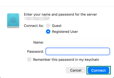 The login window for connecting to a PC from a Mac, showing the connect button.