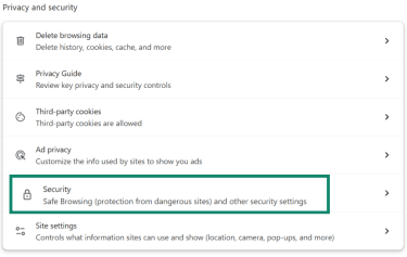 Chrome Privacy and security page showing Security highlighted.