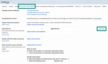 Gmail Settings page with Accounts and Import and Edit info highlighted