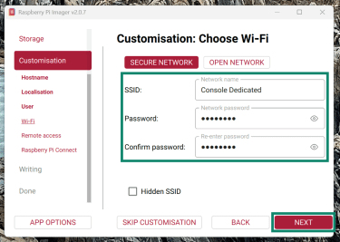 Screenshot showing the Wi-Fi configuration menu in the Raspberry Pi OS setup.