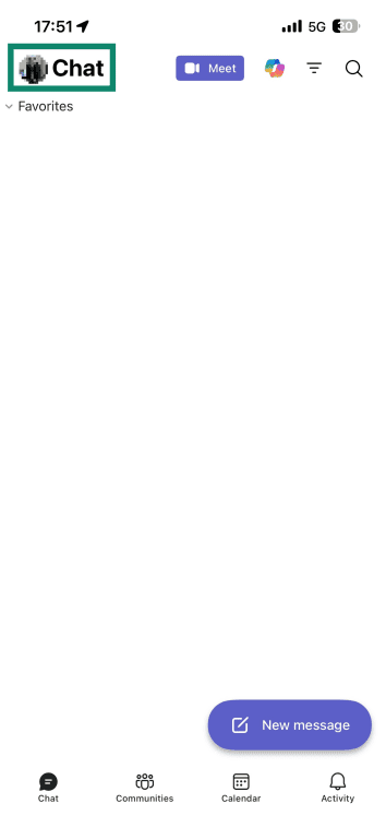 Microsoft Teams mobile app with a highlight over the user's icon, used for accessing settings.