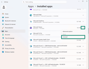 Installed Apps screen within Windows Settings, with the Uninstall button highlighted when removing Teams.