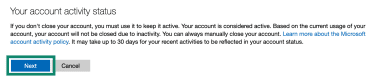 The "Next" button highlighted, which is found on the Microsoft Account page, in the section where a user can delete their account.