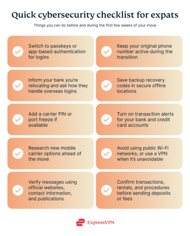 Cybersecurity checklist for expats for before and during the first few weeks of moving abroad: using passkeys or app-based authentication for logins, coordinating with your home bank, enabling port freeze on your old SIM, researching new carrier options, using a VPN on public Wi-Fi, and staying cautious of potential scams