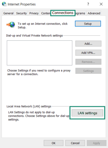 The Windows Internet Properties menu with Connections and LAN settings highlighted
