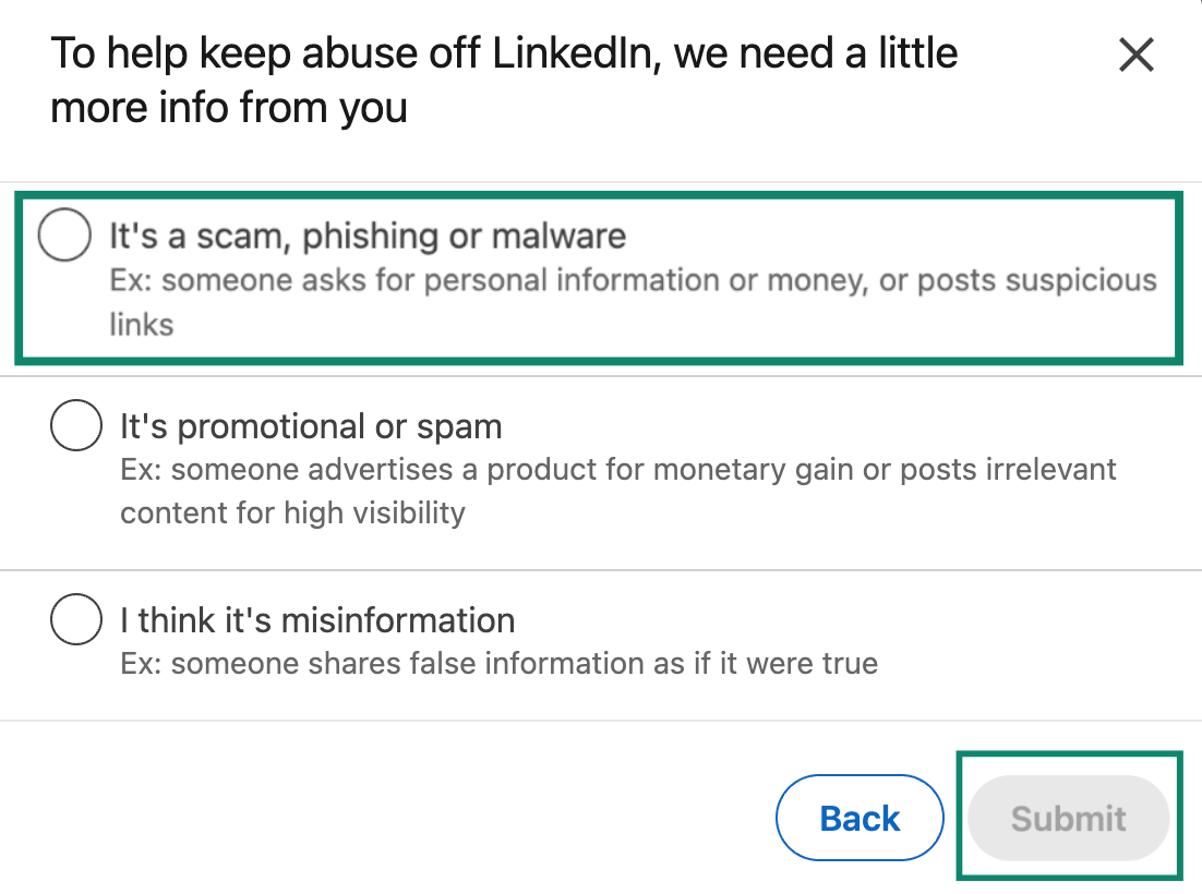 Screenshot of the LinkedIn reporting page with 'It’s a scam, phishing, or malware' selected and the 'Submit' button highlighted.