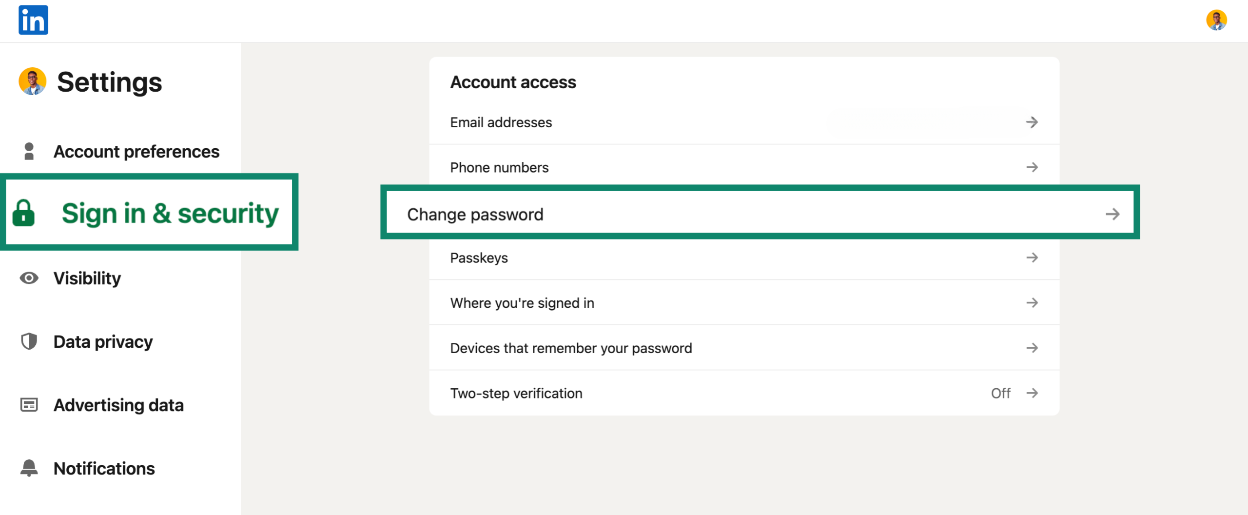 Screenshot of the LinkedIn Settings page with the 'Sign in & security' tab selected and the 'Change password' option highlighted.