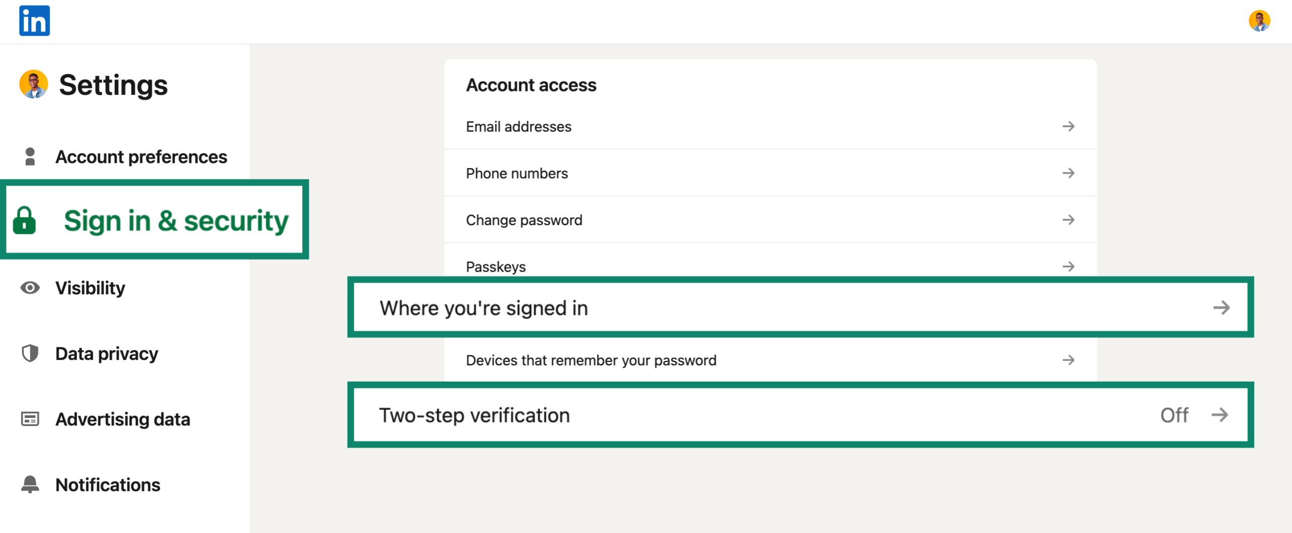 Screenshot of the LinkedIn 'Sign in & security' settings with the 'Where you’re signed in' and 'Two-step verification' options highlighted.