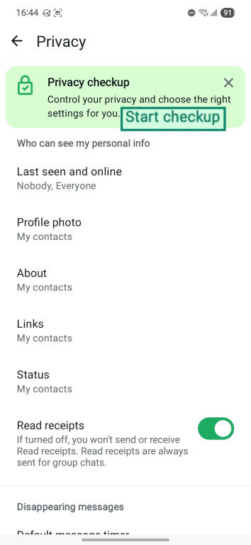 WhatsApp's Privacy checkup menu item.