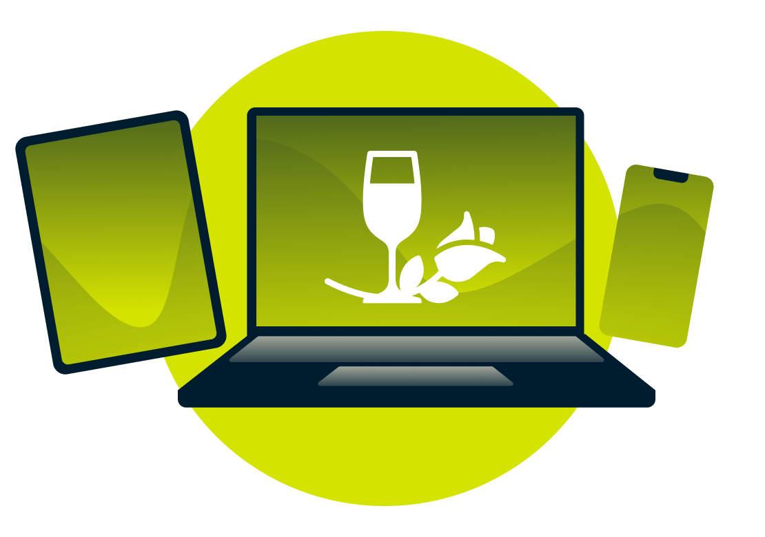 A laptop, tablet, and phone, with a wine glass and rose.
