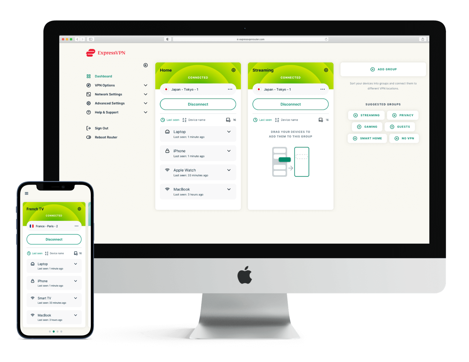 Múltiples monitores con la IU de router de ExpressVPN.